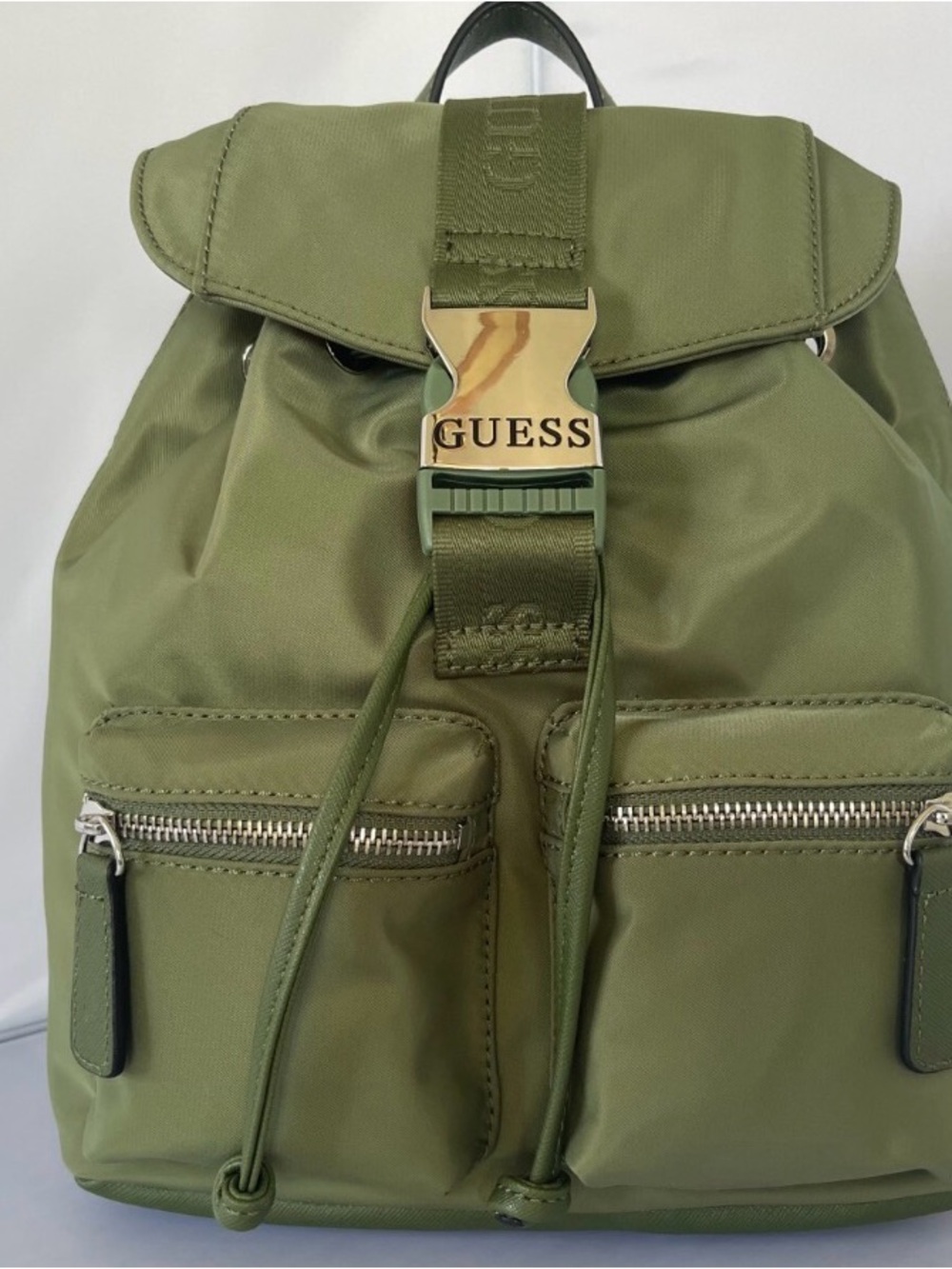 GUESS Olive Green Backpack with Gold-Tone Buckle